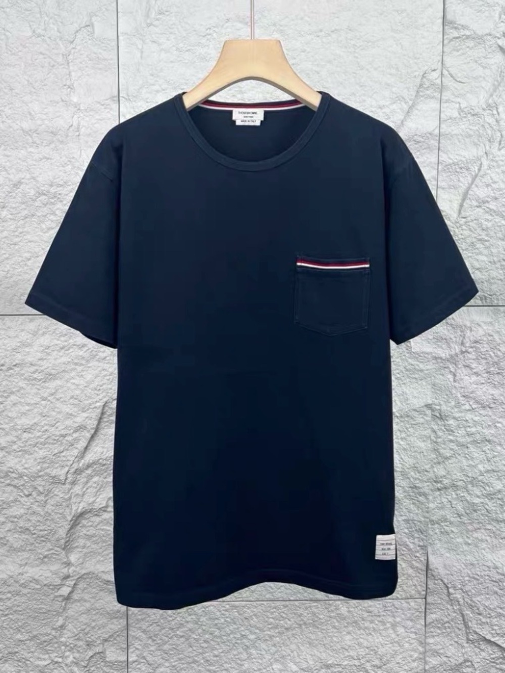 🚩steal Thom Browne Navy Short-Sleeve Pocket Tee with Tricolor Trim